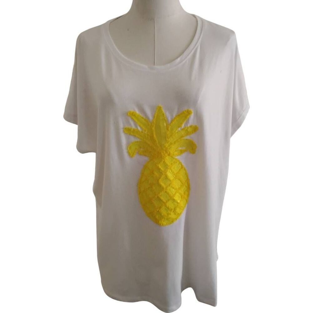 Allison Taylor Plus‎ Size White Sequin Pineapple Tee Shirt Size 2X NWT